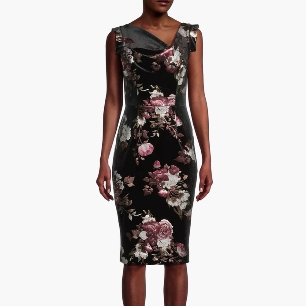 Black Halo Jackie O Women’s Black Velvet Sheath Floral Cocktail Dress Size 2